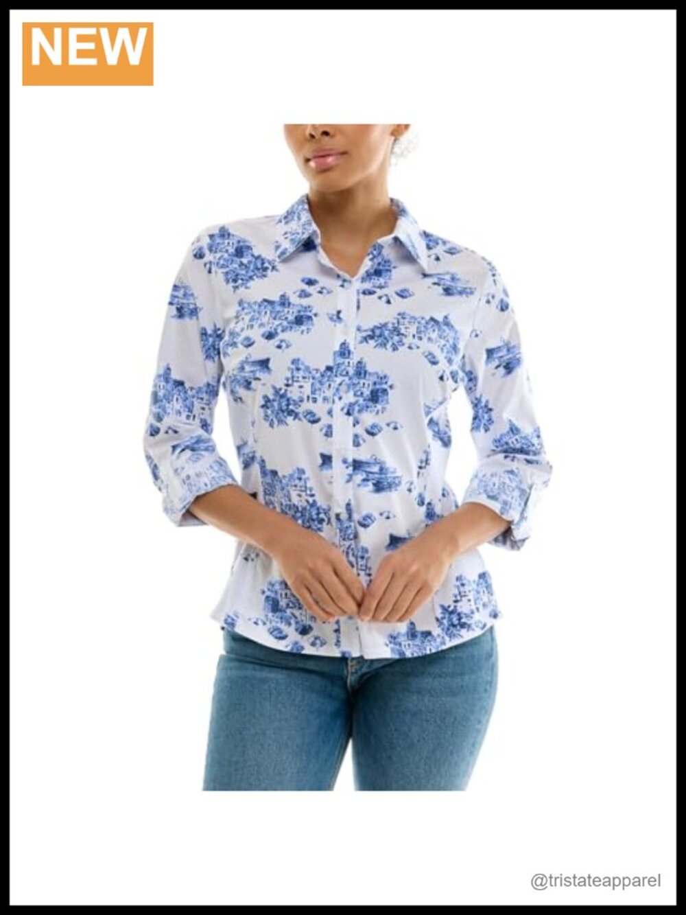 Button Up Printed Poplin Shirt with Knit Insert 3/4 Sleeve